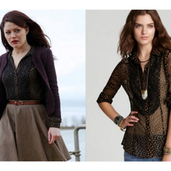 Free People All that Glitters Sheer Lace Blouse Size M Black Whimsigoth ASO TV - Picture 2 of 11